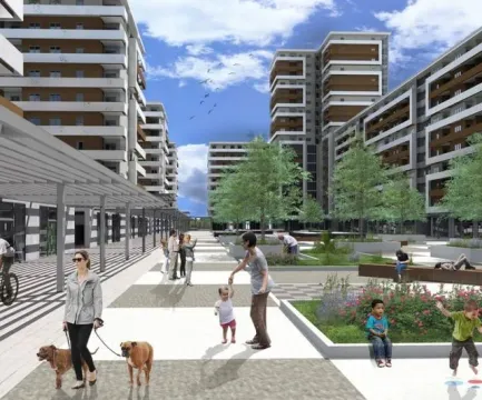 View of the landscaped courtyard and promenade in front of residential buildings with greenery. - image 2