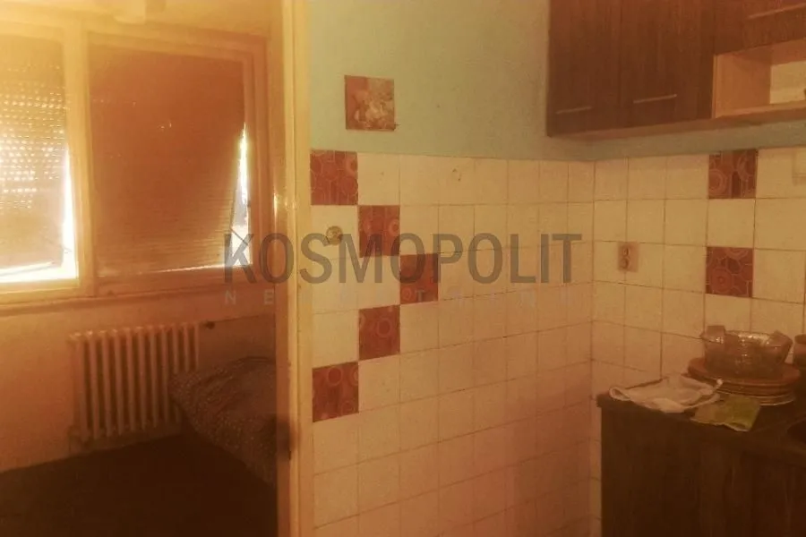 Manja kuhinja sa zidnim pločicama i pogledom u drugu prostoriju.