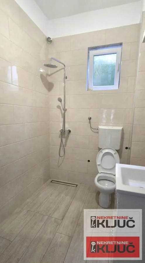 Bathroom equipped with a walk-in shower, toilet, and washbasin.