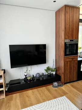 Dnevni boravak sa montiranim TV-om i ugradnim drvenim elementom. - image 2