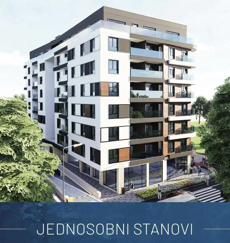 Spoljašnji izgled moderne stambene zgrade sa terasama i uređenim okruženjem.