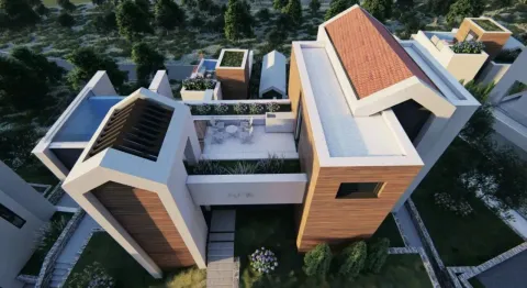 Pogled iz vazduha na eksterijer moderne vile sa terasom i uređenim dvorištem. - image 2