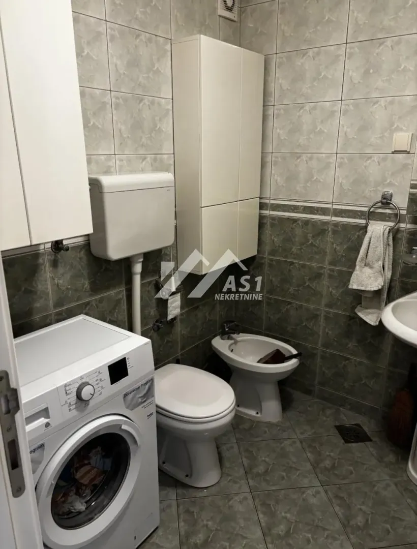 Smaller bathroom with sanitary fixtures, bidet and washing machine.