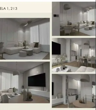 Collage of photos showing a modern living room with a dining area. - image 6