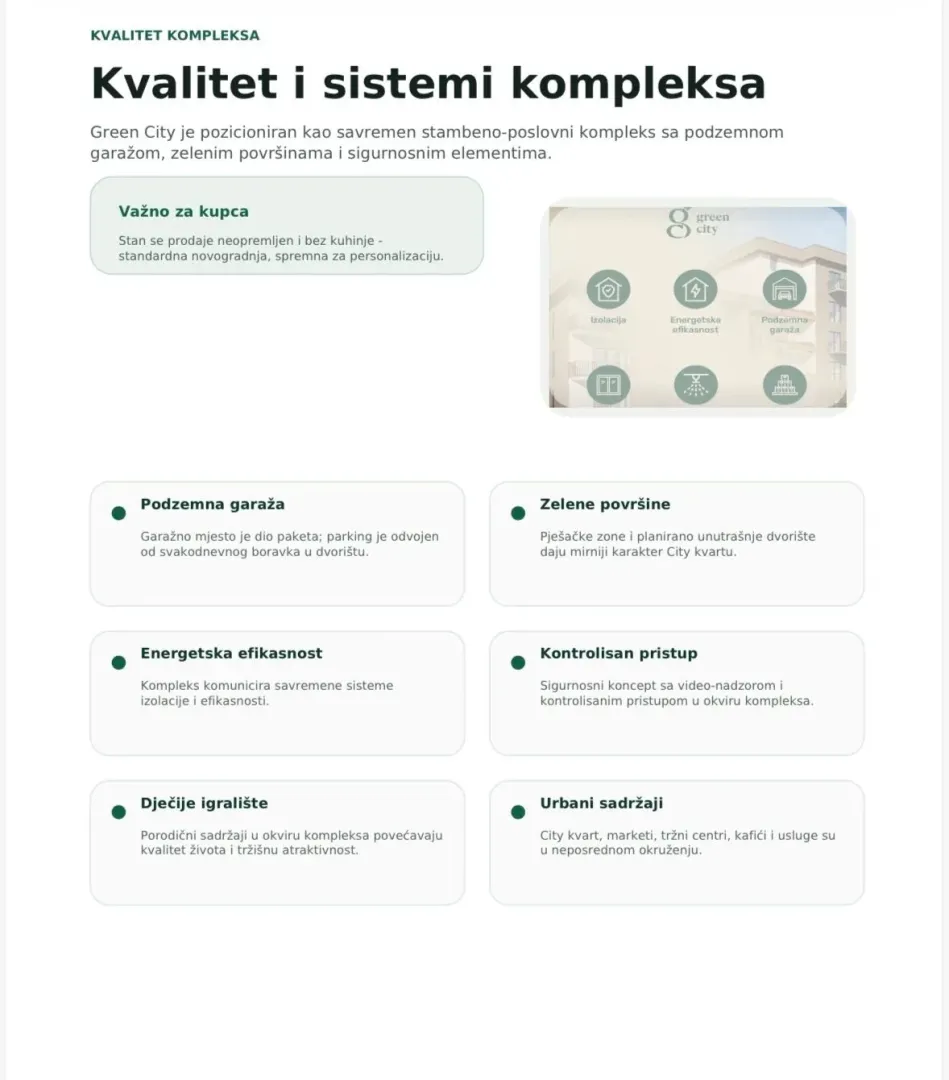 Informational slide with text and icons about the quality and systems of the complex.