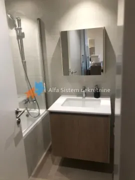 Modern bathroom with a sink, mirror, and bathtub. - image 11