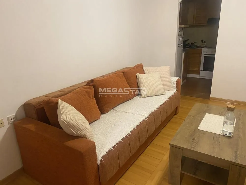 Living room with a brown sofa and a wooden coffee table.