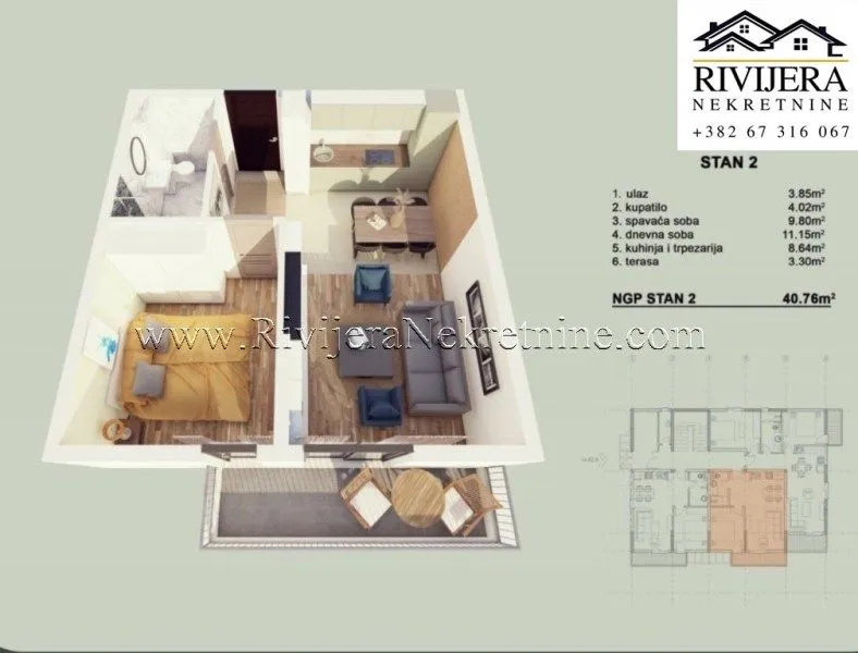 Prodaja, jednosoban stan, 41m², Orahovac, Kotor