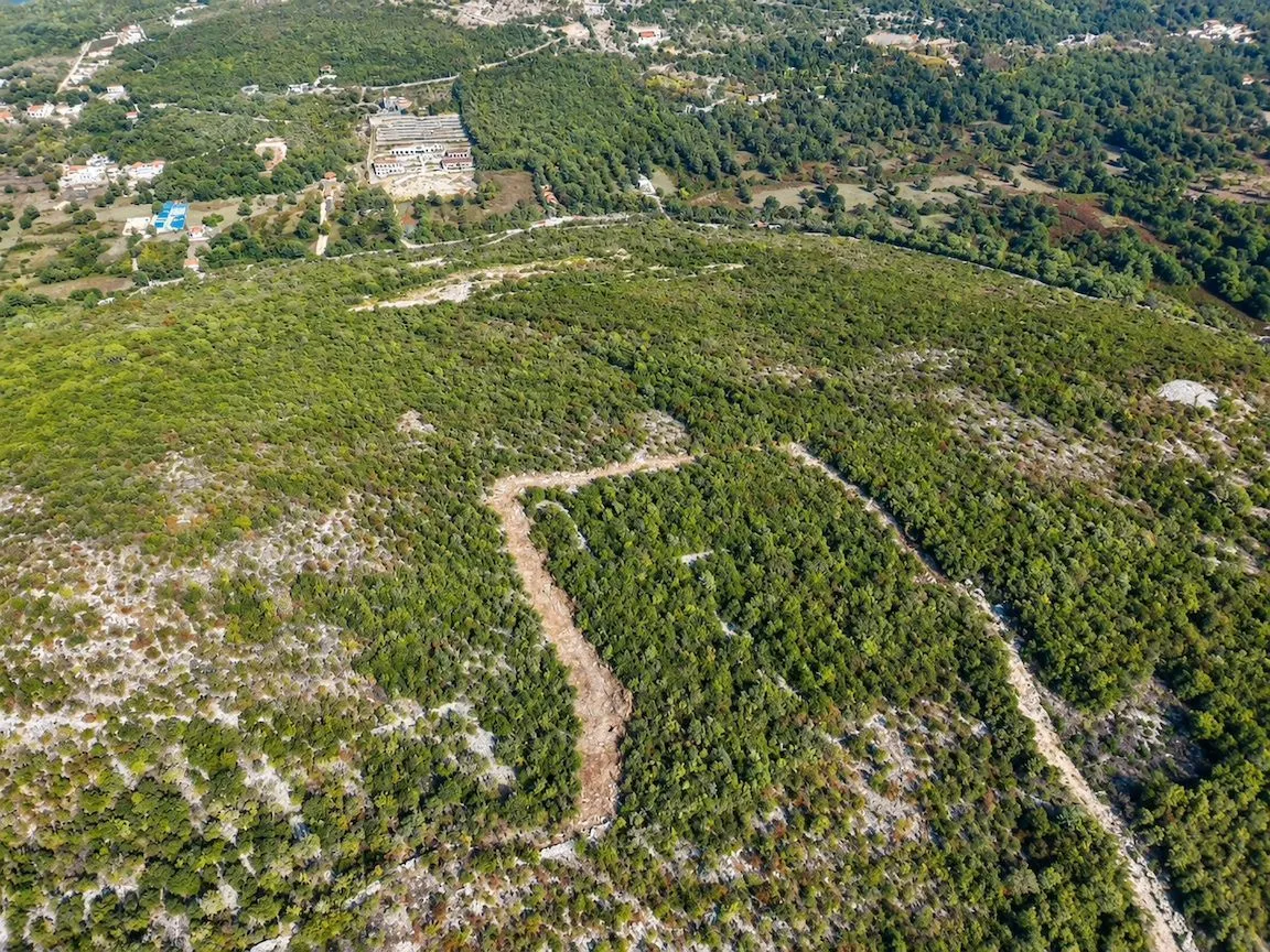 Pogled iz vazduha na šumoviti teren i okolni pejzaž.