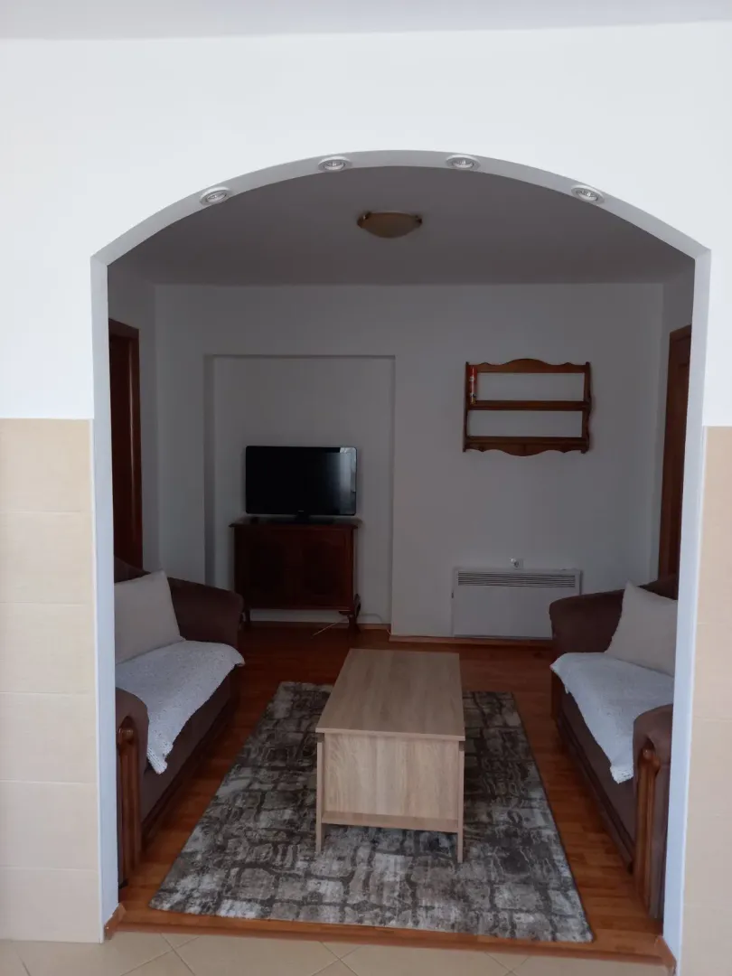 A living room with two sofas and a wooden coffee table.