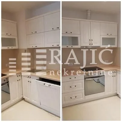 A collage of images showing a kitchen with white cabinetry.