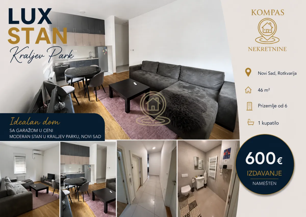 Izdavanje, dvosoban stan, 46m², Rotkvarija, Novi Sad Sve Podlokacije