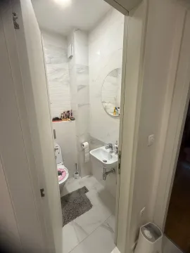 Pogled iz hodnika na svijetlo uređeno kupatilo sa umivaonikom i toaletom. - image 6
