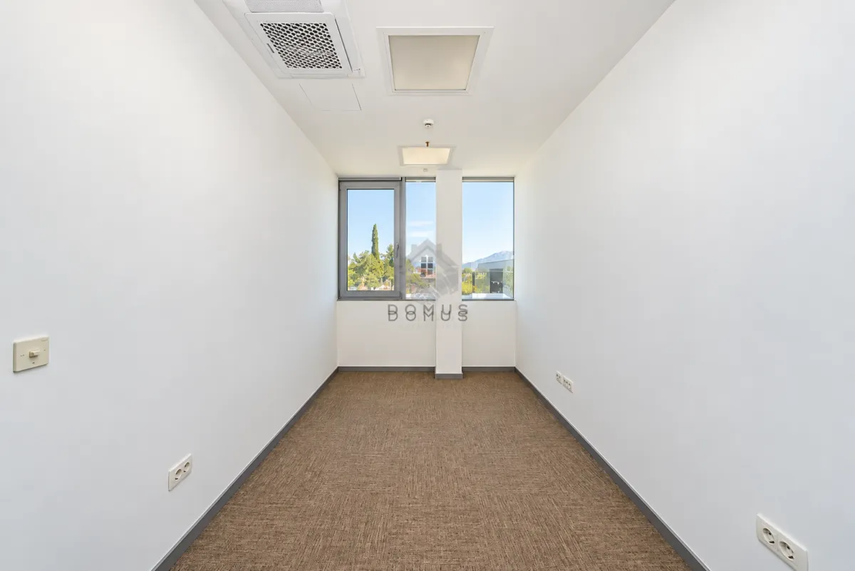 Empty bright room with a window and carpet flooring.