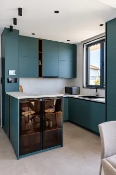 Modern kitchen with dark green cabinets and a built-in kitchen island with glass display doors. - image 8