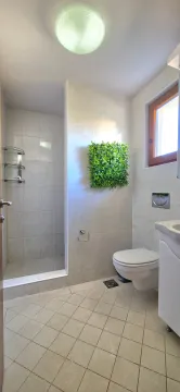 Brightly decorated bathroom with a walk-in shower and a built-in toilet. - image 9