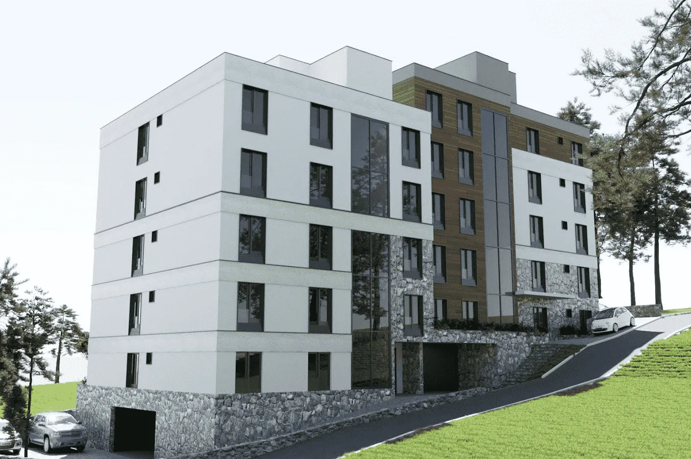 Render nove stambene zgrade sa prilaznim putem i parkingom.
