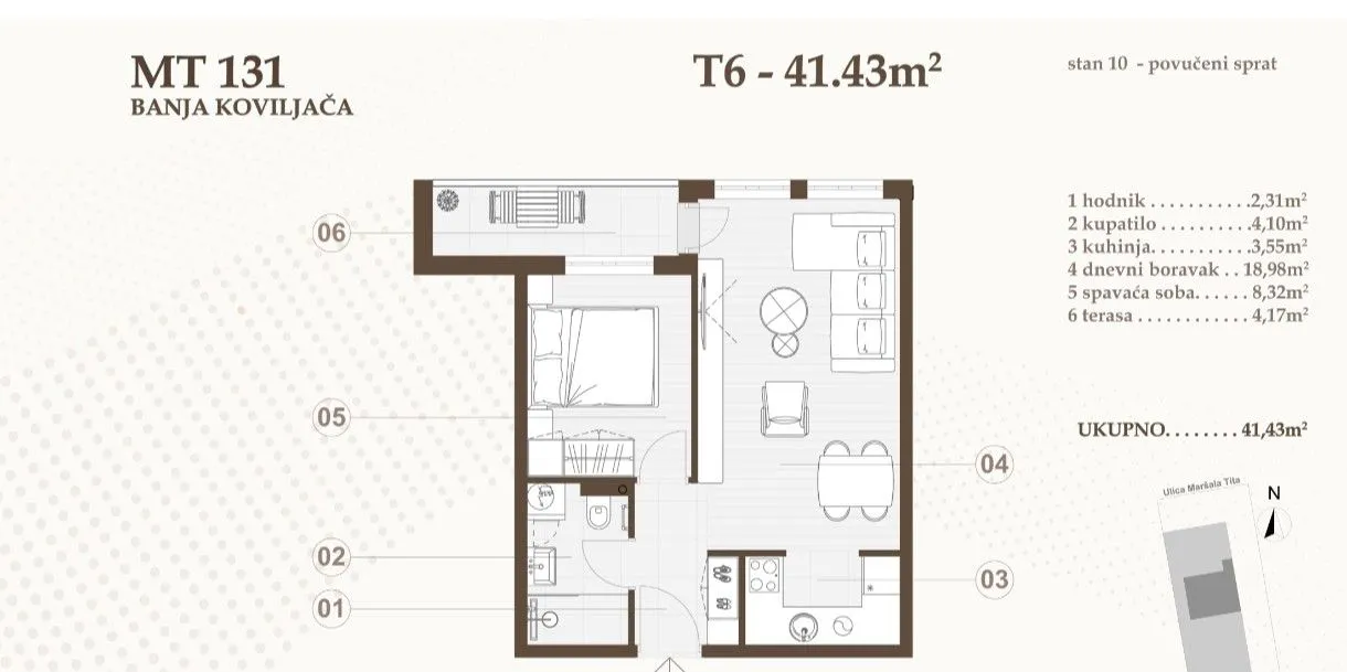 Arhitektonski nacrt stana sa rasporedom prostorija i kvadraturom.