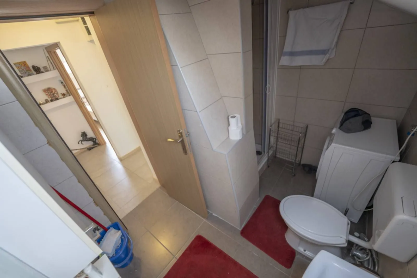 Manje kupatilo sa tuš kabinom, veš mašinom i WC šoljom.
