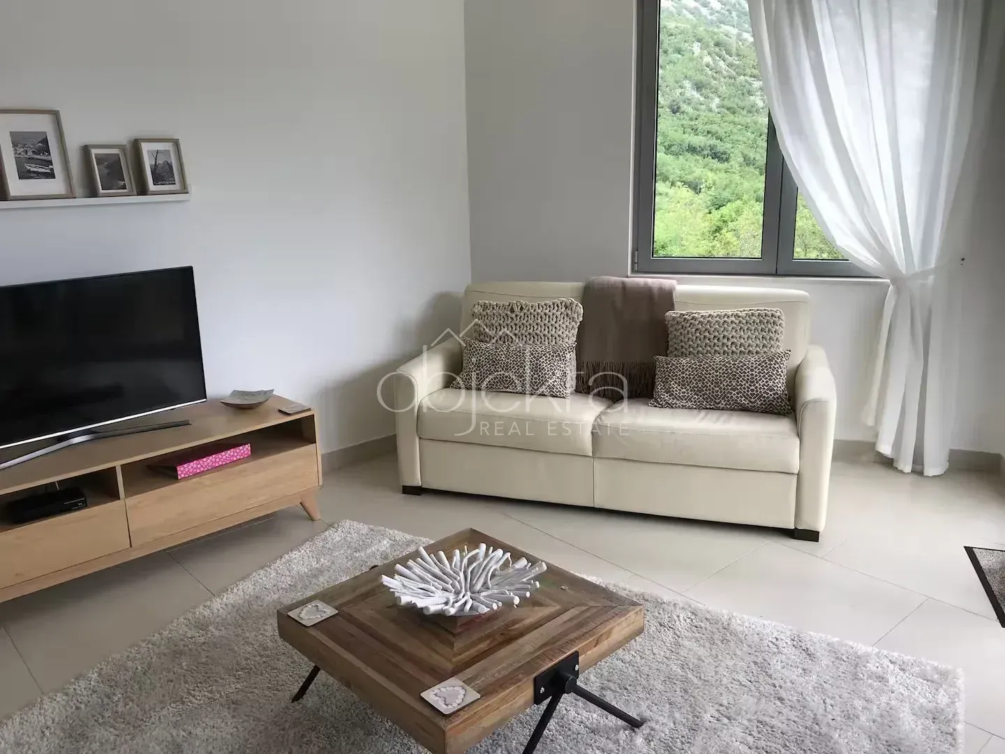 Living room with a sofa, TV, and coffee table.