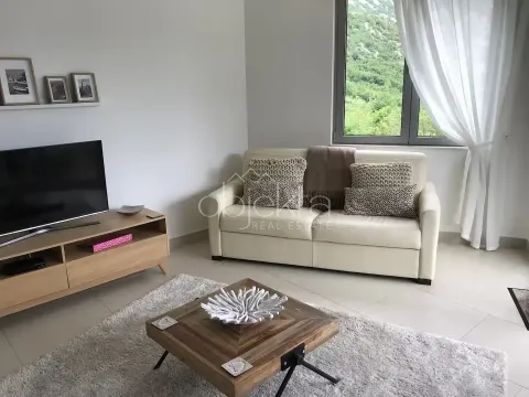 Living room with a sofa, TV, and coffee table. - image 7