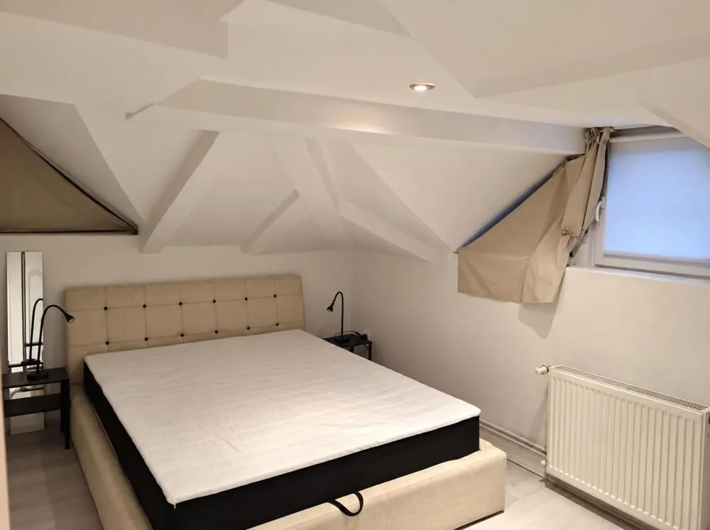 Attic bedroom with a double bed and sloping ceiling.