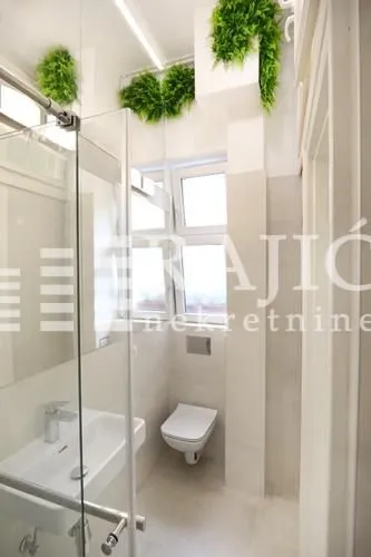 Modern bathroom with a walk-in shower, washbasin, and toilet.