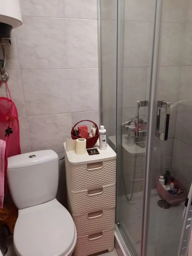Bathroom with toilet and shower cabin.