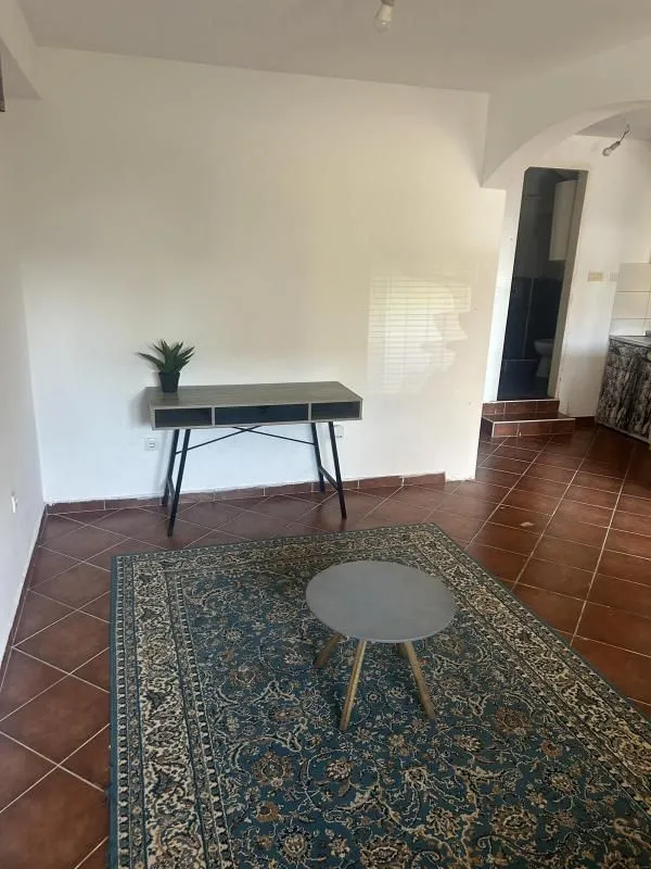 Smaller section of the living room with a coffee table, a rug, and a desk against the wall.