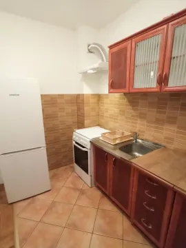 Manja kuhinja sa drvenim elementima, šporetom i frižiderom. - image 3