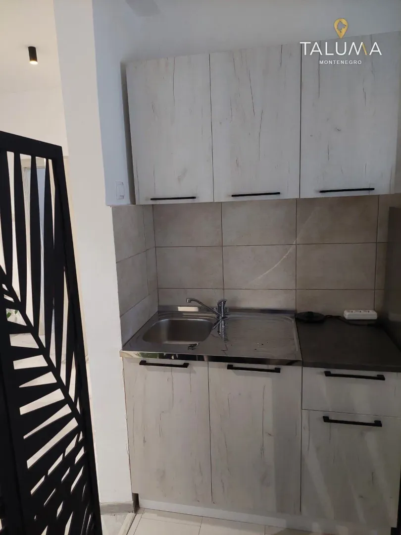 Smaller kitchen with a sink and wooden cabinets.