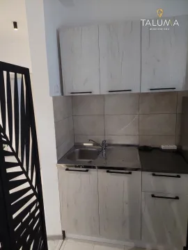 Smaller kitchen with a sink and wooden cabinets. - image 7