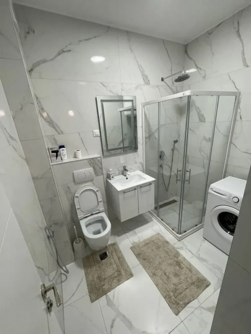 Modernly equipped bathroom with a walk-in shower, washbasin, toilet, and washing machine.