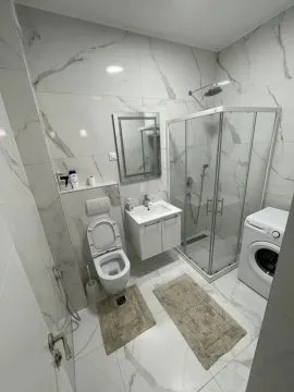 Modernly equipped bathroom with a walk-in shower, washbasin, toilet, and washing machine. - image 5