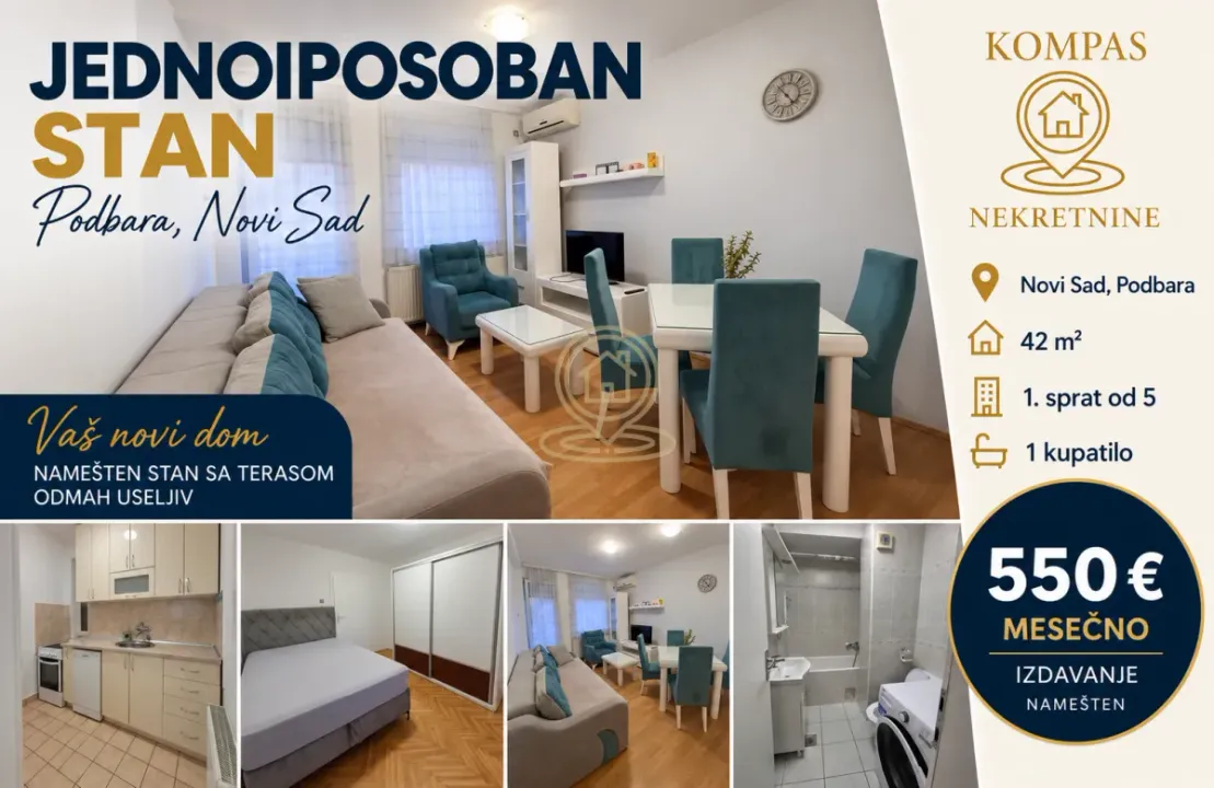 Rent, one bedroom apartment, 42m², Podbara, Novi Sad Sve Podlokacije