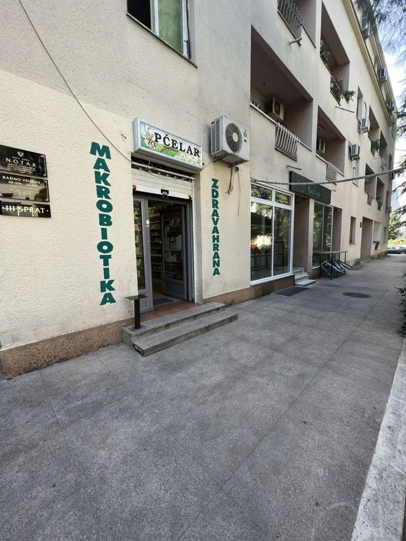 Exterior view of a building with ground-floor commercial spaces.