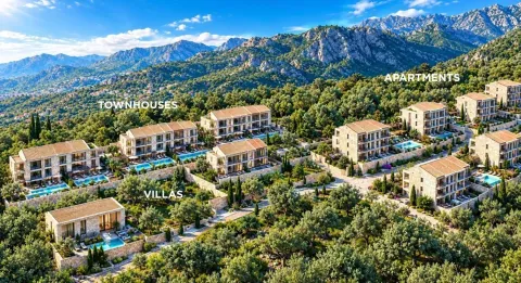 Pogled iz vazduha na kompleks vila, gradskih kuća i apartmana sa planinskim pejzažom u pozadini. - image 10