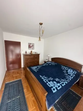 Spavaća soba sa bračnim krevetom, drvenom komodom i parketom. - image 6