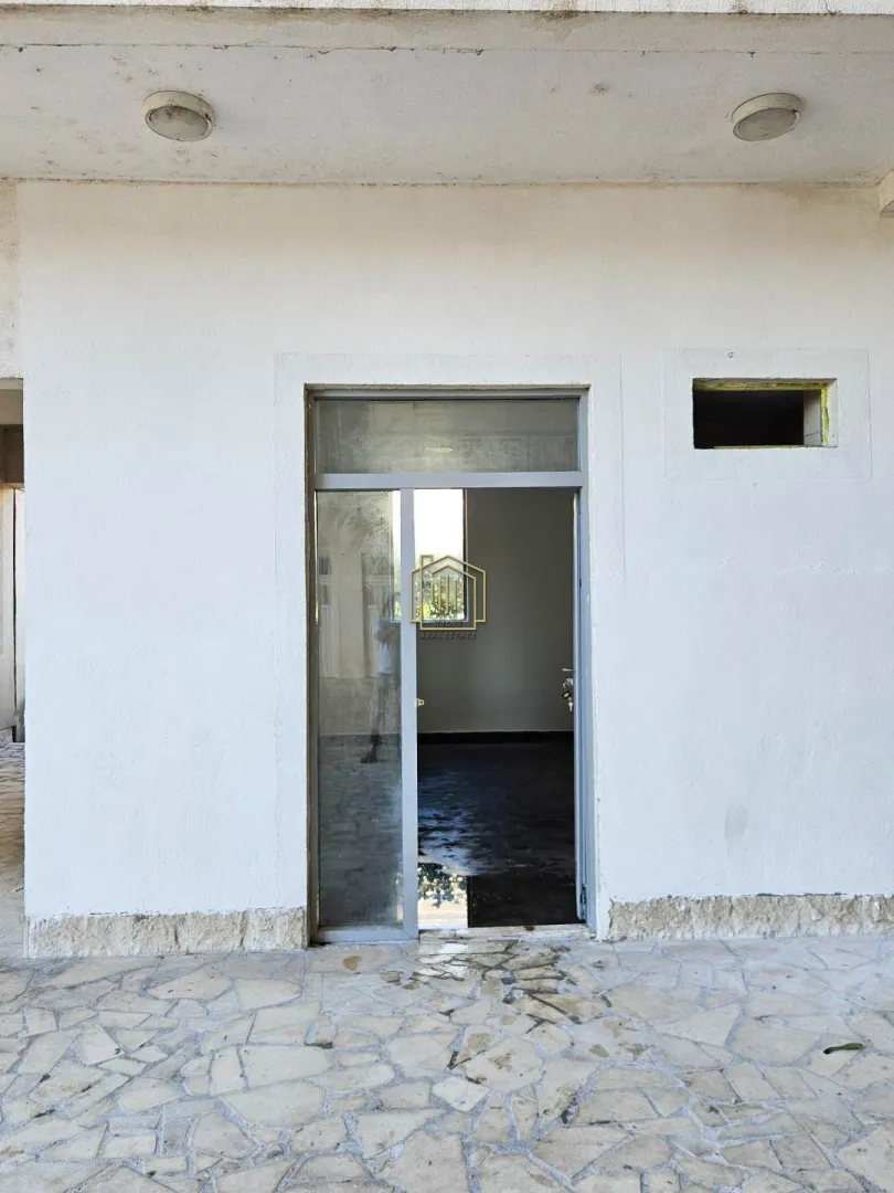 View of the entrance door and building facade.