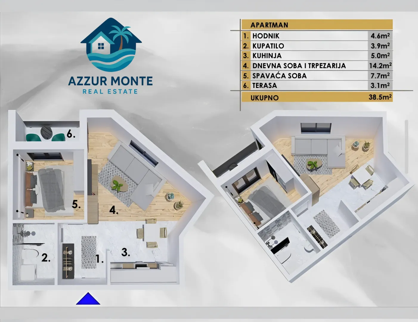 3D tlocrt apartmana sa rasporedom prostorija i površinama.