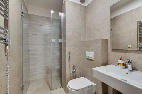 Moderne kupatilo sa tuš kabinom, umivaonikom i ugradnom wc šoljom obloženo keramičkim pločicama. - image 11