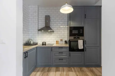 Modern kitchen with grey cabinets and built-in appliances. - image 8