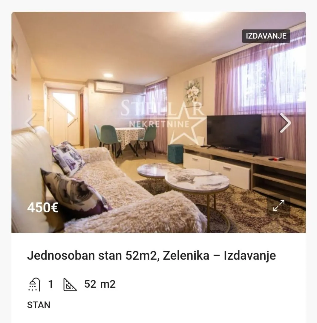 Izdavanje, jednosoban stan, 52m², Zelenika, Podgorica