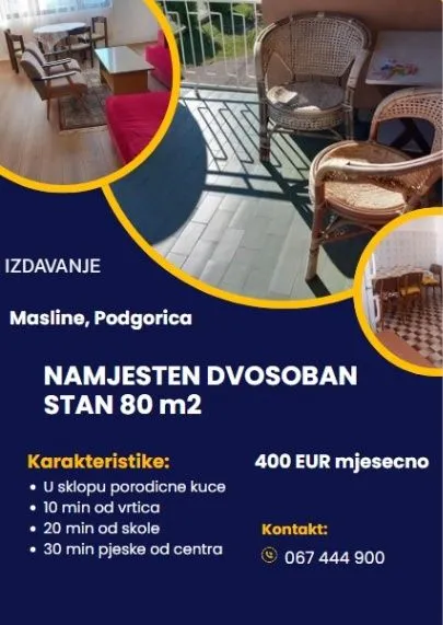 Izdavanje, dvosoban stan, 80m², Masline, Podgorica