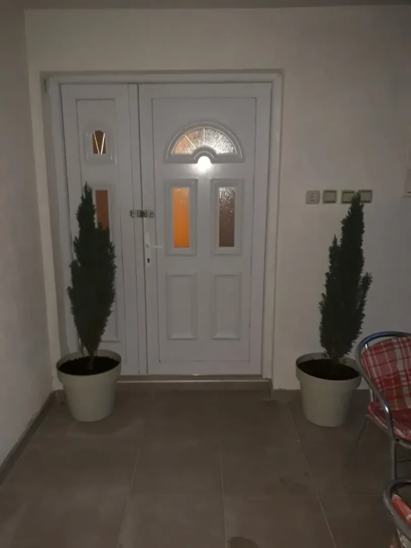 Ulazna vrata sa ukrasnim biljkama.