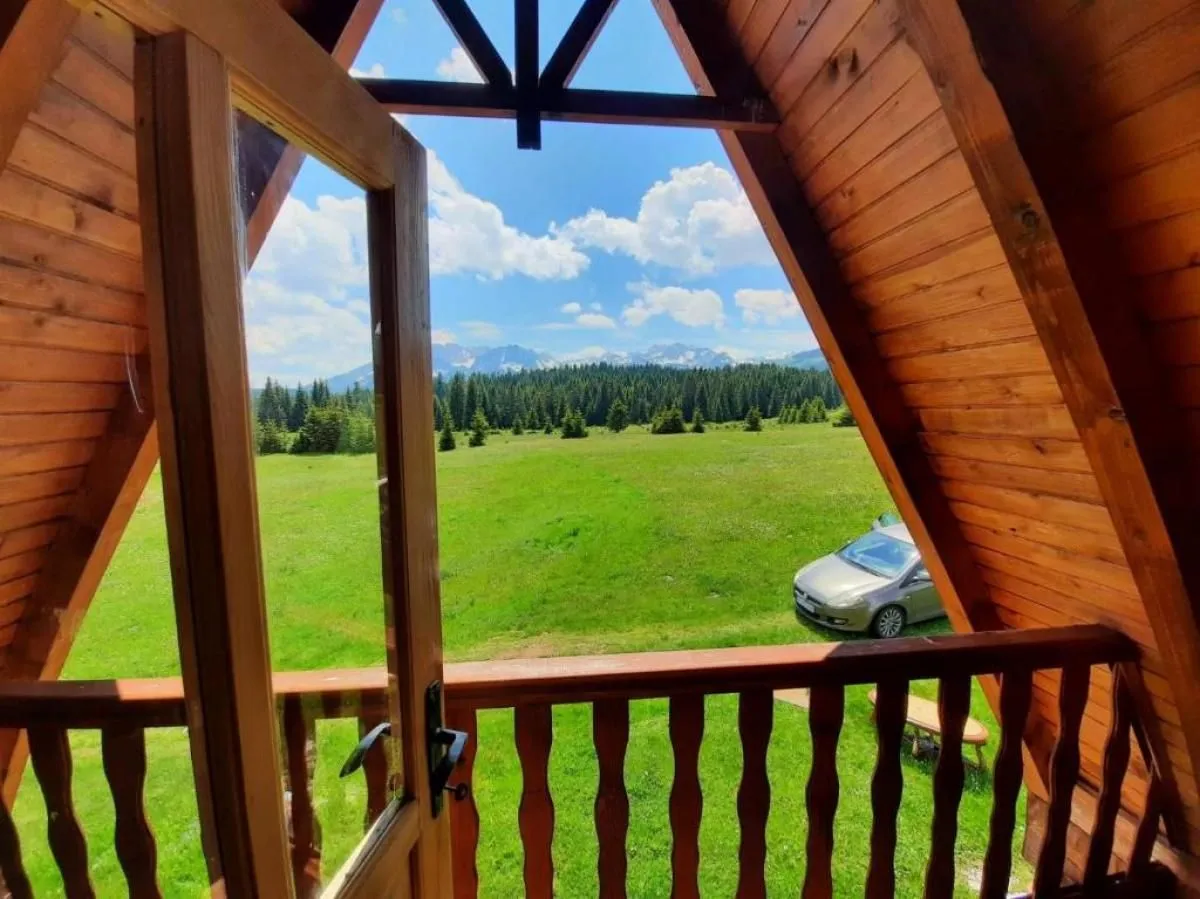View from the terrace overlooking a green meadow, forest, and mountains.