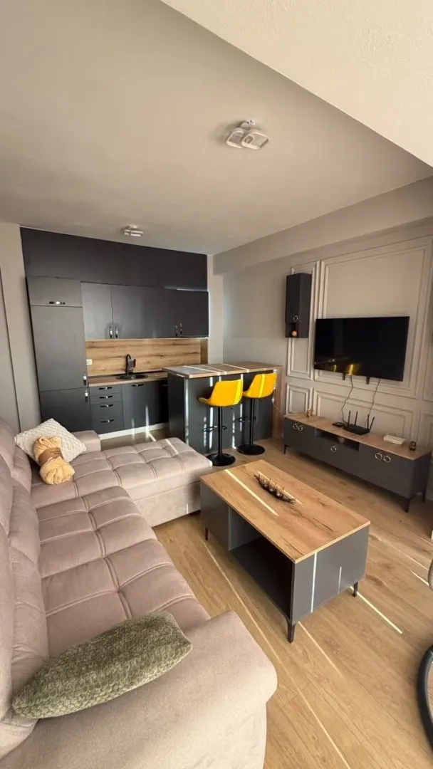 Modern living room with a sofa and a dining area integrated with the kitchen.