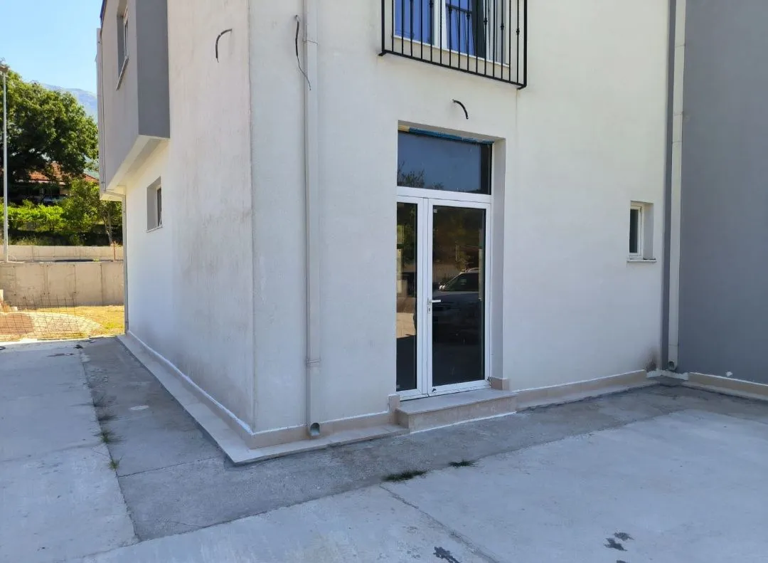 Exterior of the house with an entrance door and yard.