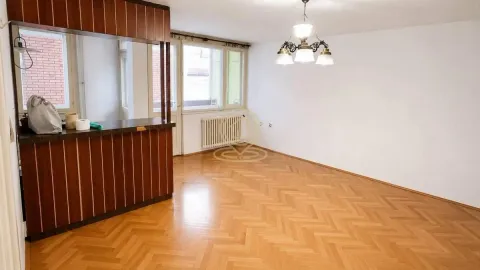 Prostrana dnevna soba sa drvenim parketom, šankom i lusterom. - image 2