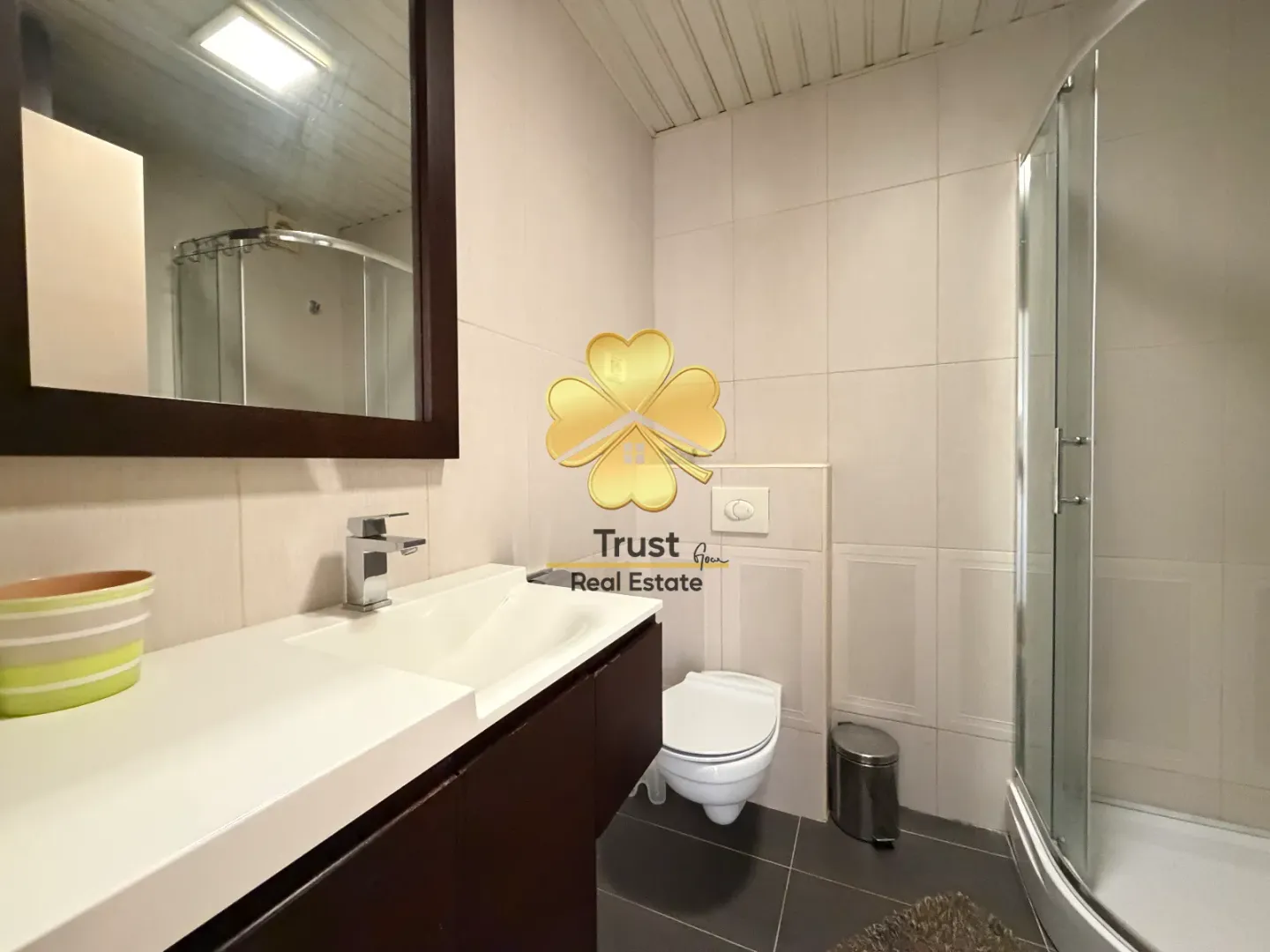 Small bathroom with a sink, toilet, and shower cabin.